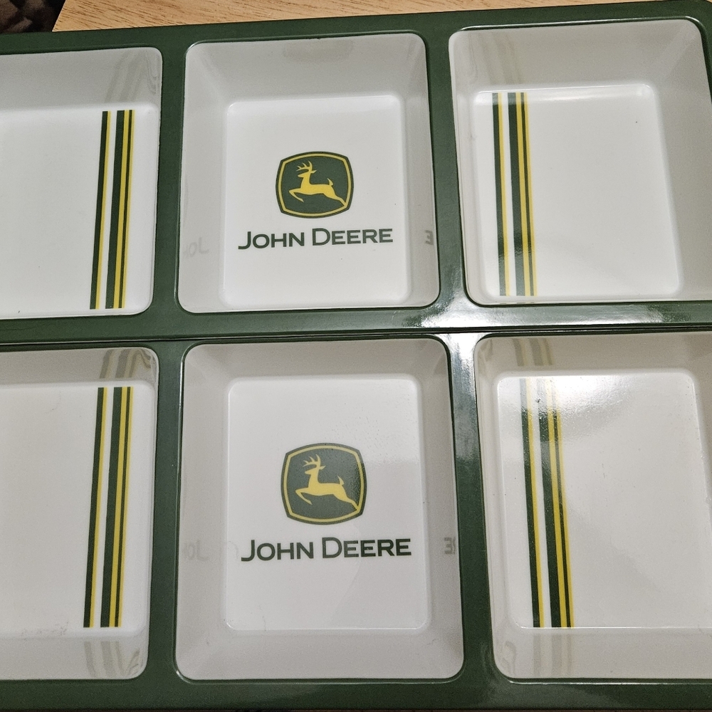 Lot 2 Vintage John Deere Divided Serving Tray Green Yellow Farm Advertising